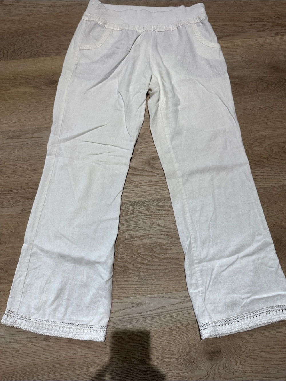 Love Tree Off White Wide-Leg Linen-Blend Jeans with Crocheted Hem